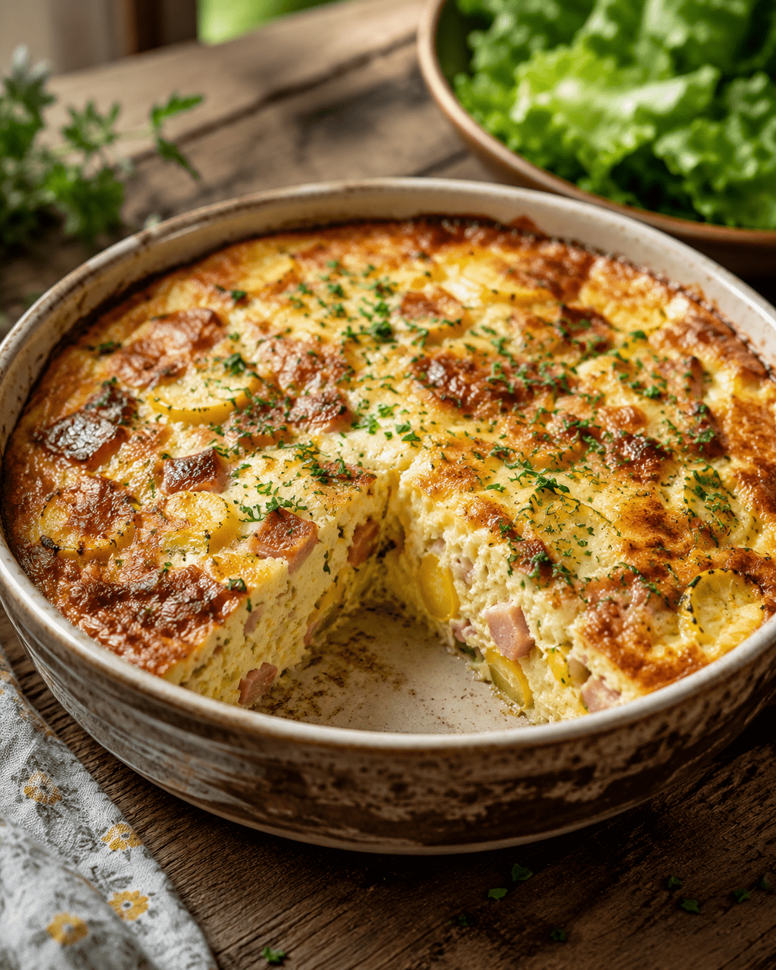Clafoutis salé courgette jaune, jambon blanc et comté doré au four dans un plat rustique avec herbes fraîches.