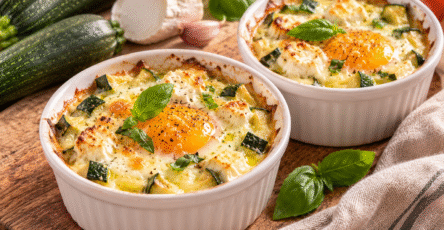 Œufs cocotte aux courgettes, chèvre frais et basilic gratinés au four dans des ramequins en céramique.