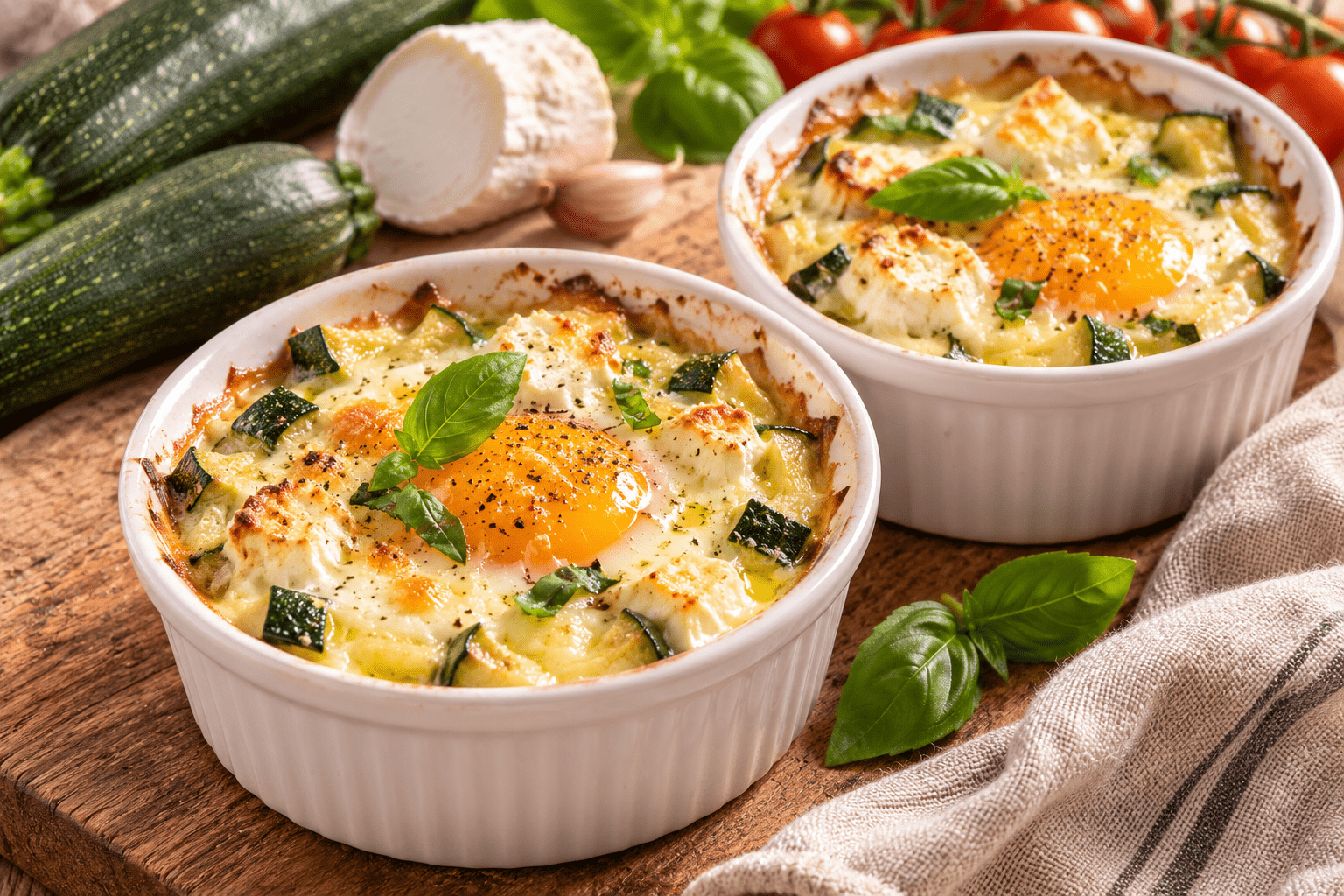Œufs cocotte aux courgettes, chèvre frais et basilic gratinés au four dans des ramequins en céramique.