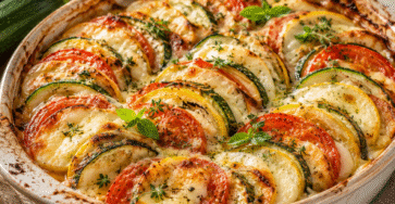 Tian provençal aux courgettes, tomates et mozzarella gratiné au four dans un plat en céramique.