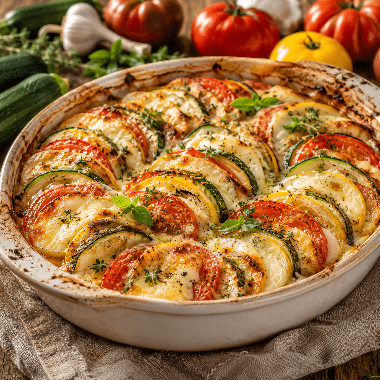 Tian provençal aux courgettes, tomates et mozzarella gratiné au four dans un plat en céramique.
