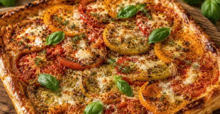 Tarte tomate à la moutarde ancienne et mozzarella fraîche, dorée au four sur une planche en bois.
