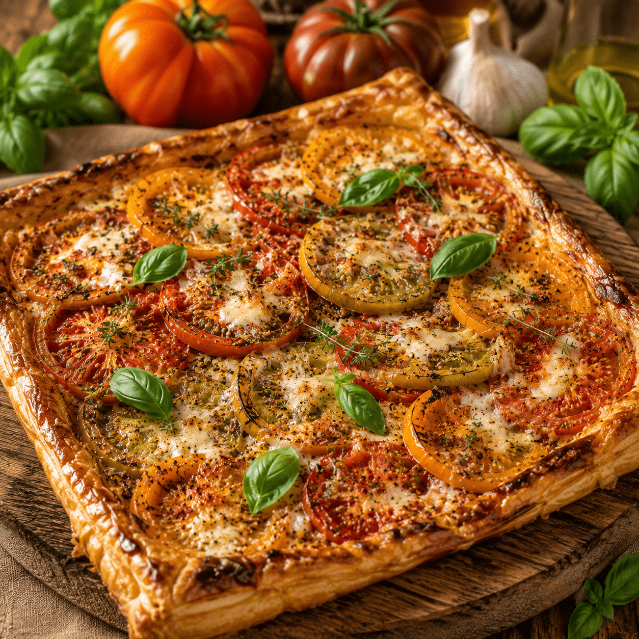 Tarte tomate à la moutarde ancienne et mozzarella fraîche, dorée au four sur une planche en bois.