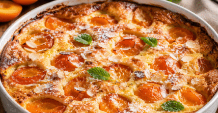 Clafoutis aux abricots moelleux et doré servi dans un plat en céramique avec des abricots frais.