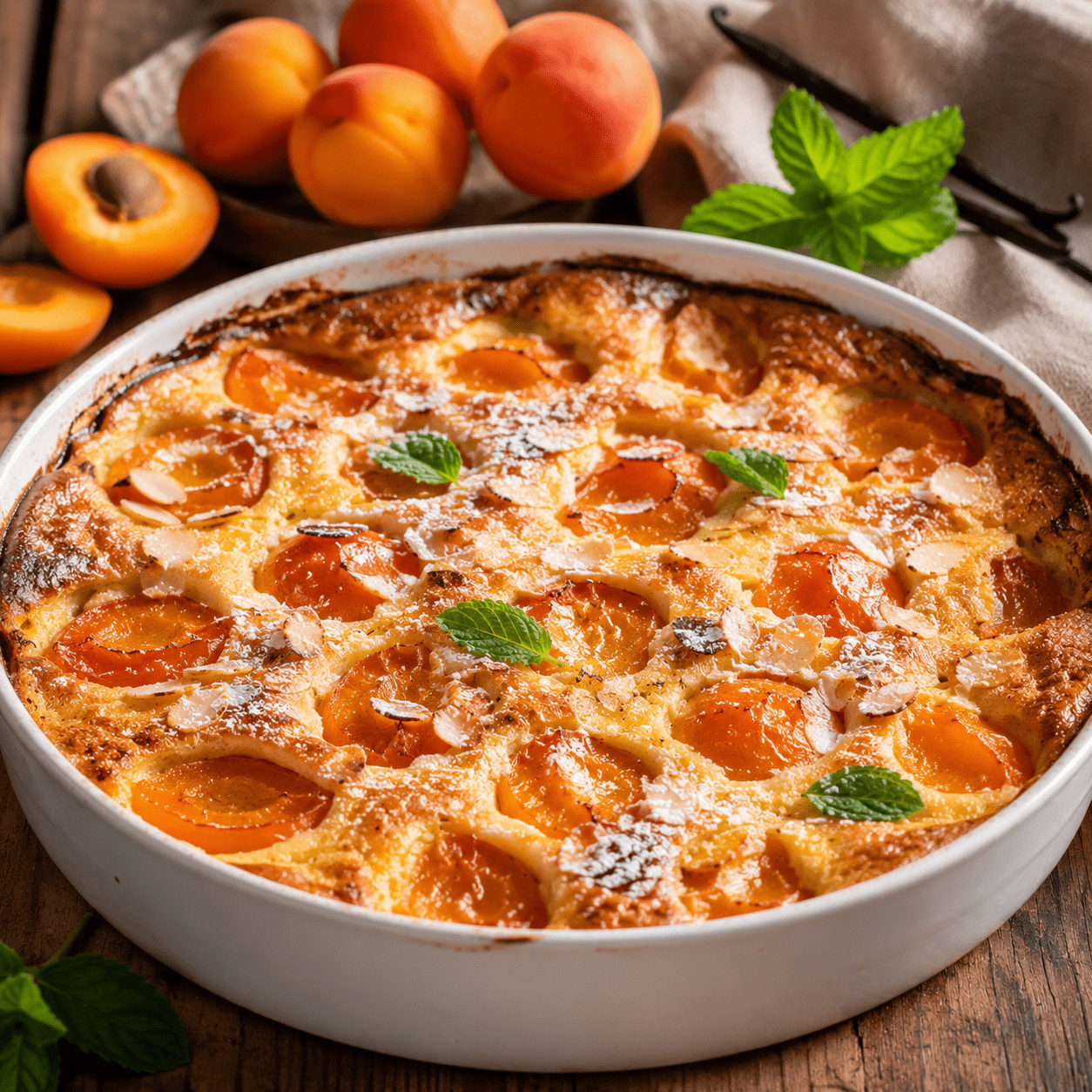 Clafoutis aux abricots moelleux et doré servi dans un plat en céramique avec des abricots frais.