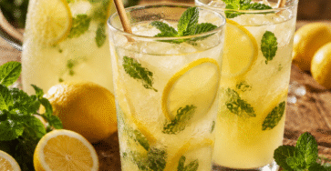 Deux verres de citronnade maison à la menthe avec glaçons, rondelles de citron et feuilles de menthe fraîche.