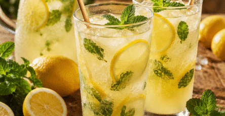 Deux verres de citronnade maison à la menthe avec glaçons, rondelles de citron et feuilles de menthe fraîche.