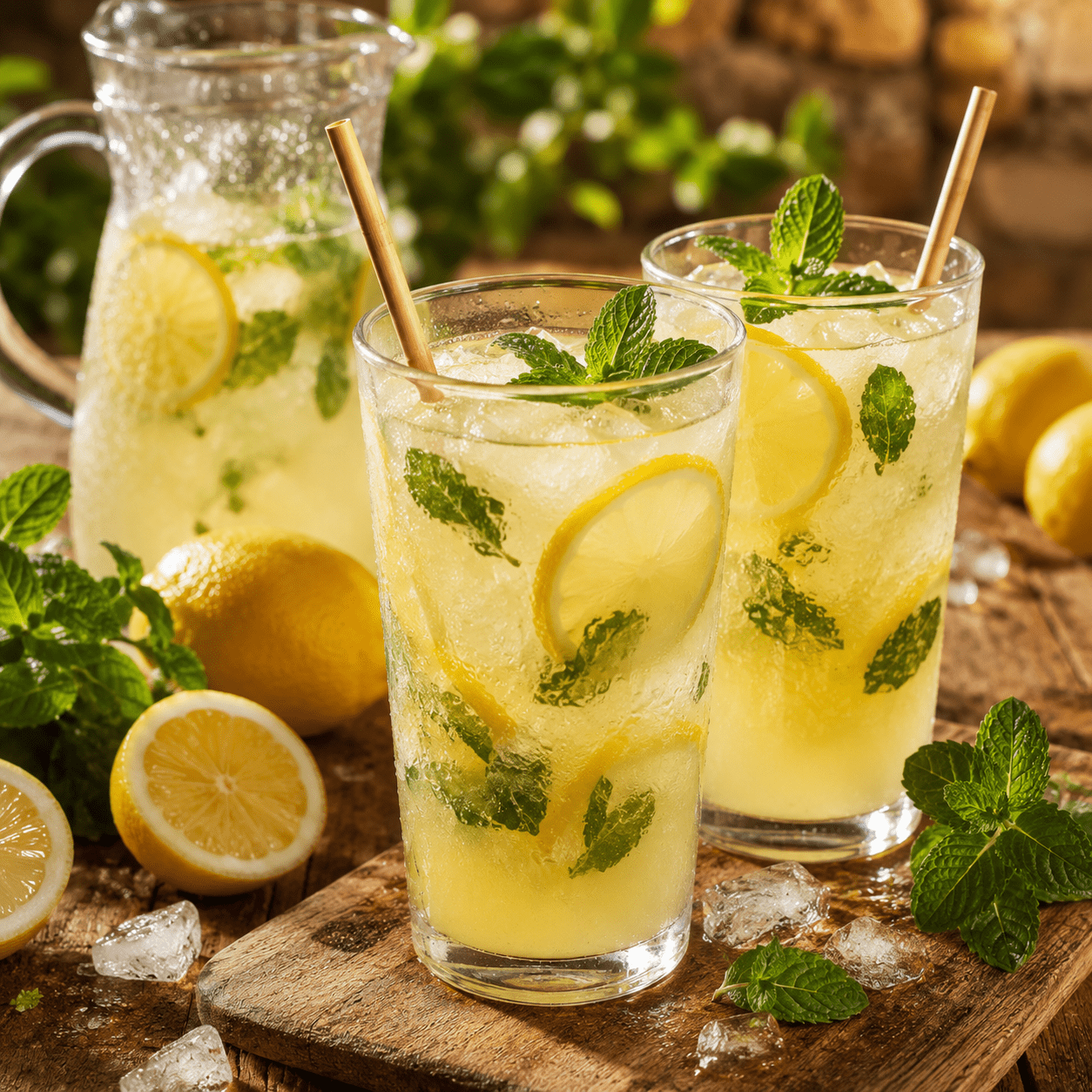 Deux verres de citronnade maison à la menthe avec glaçons, rondelles de citron et feuilles de menthe fraîche.