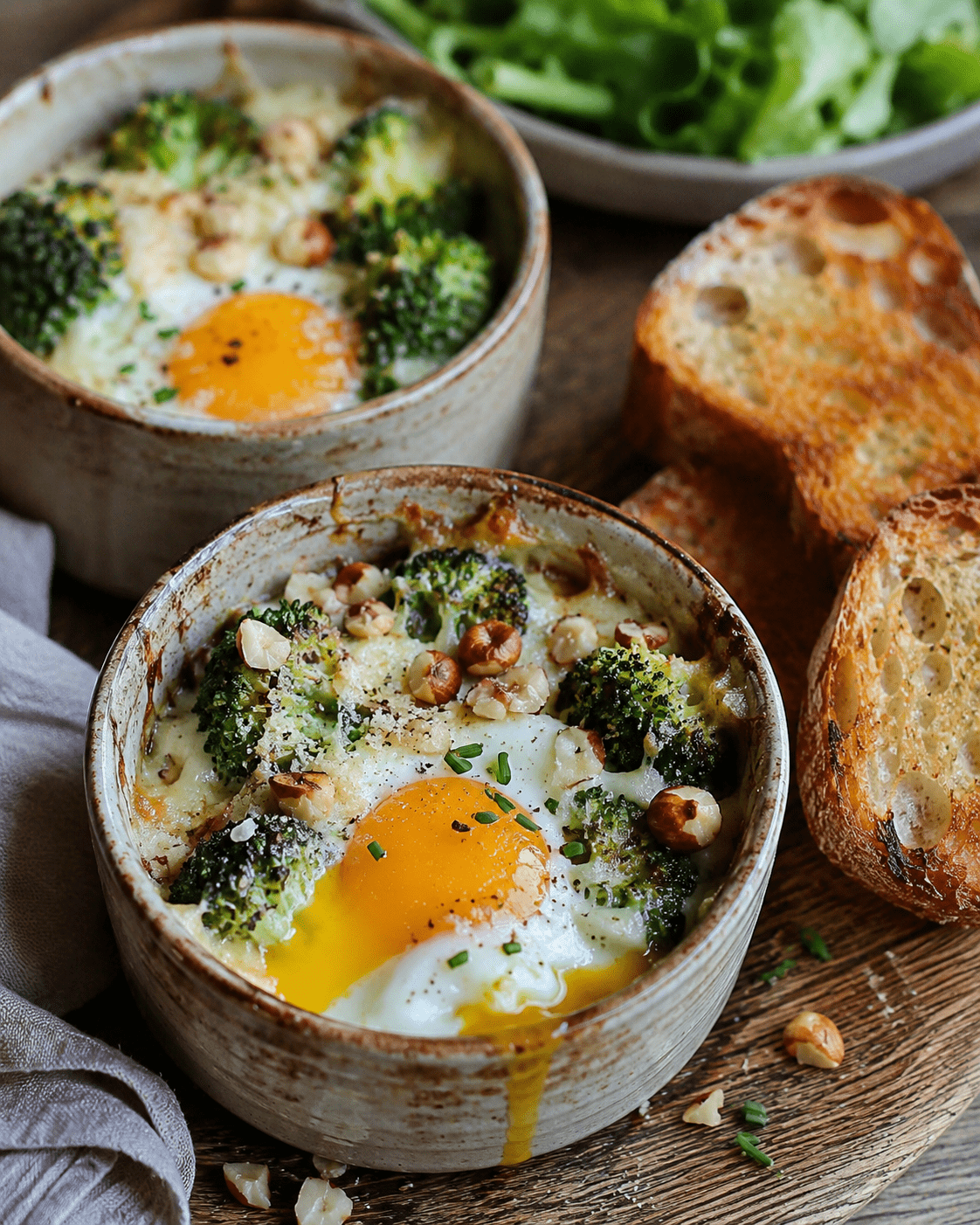 Œufs cocotte brocoli, fromage frais et noisettes servis dans des ramequins rustiques avec crème onctueuse et pain grillé.