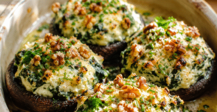 Champignons farcis ricotta, épinards et noix gratinés au four dans un plat rustique avec herbes fraîches et salade verte.