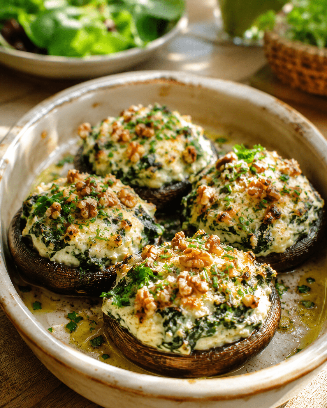 Champignons farcis ricotta, épinards et noix gratinés au four dans un plat rustique avec herbes fraîches et salade verte.