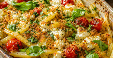 Gratin haricots beurre, tomates cerises et feta doré au four dans un plat rustique avec herbes fraîches et chapelure.