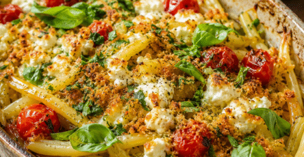 Gratin haricots beurre, tomates cerises et feta doré au four dans un plat rustique avec herbes fraîches et chapelure.