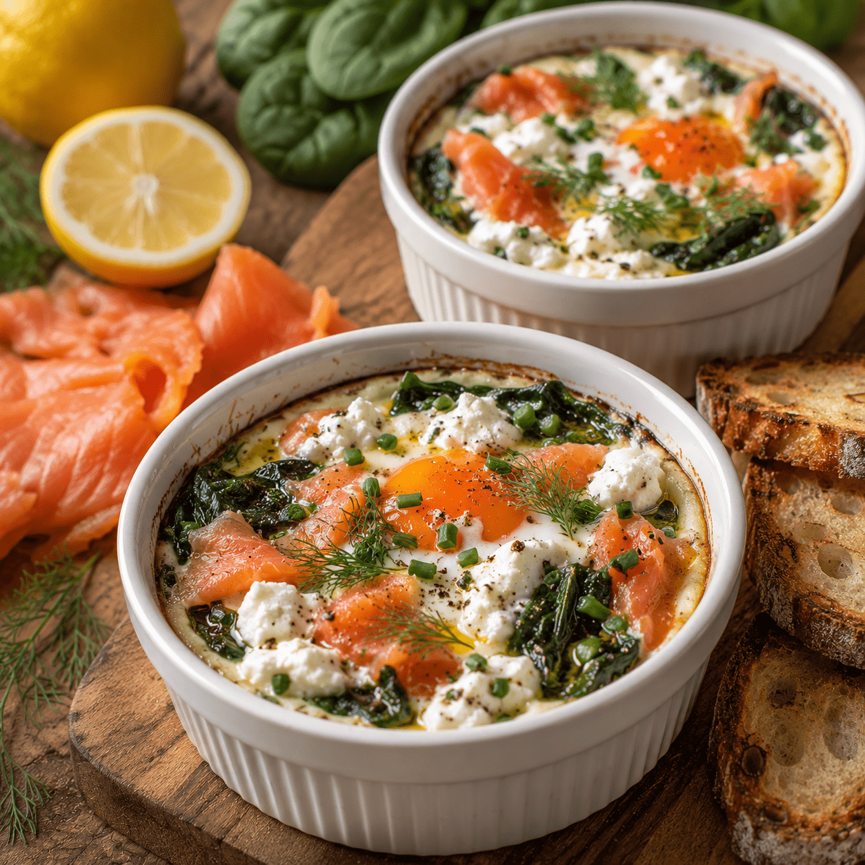 Œufs cocotte aux épinards, saumon fumé et ricotta cuits au four dans des ramequins.