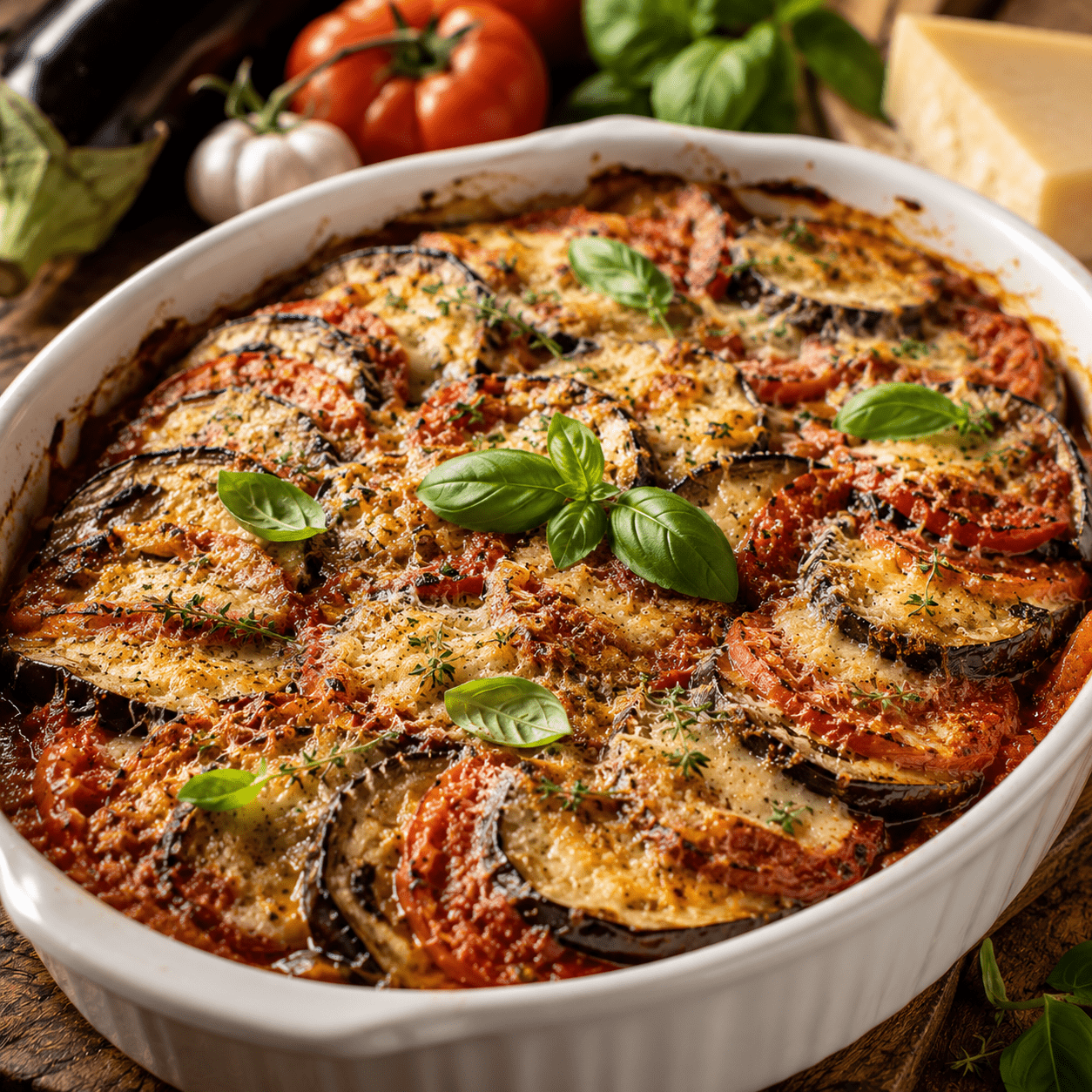 Gratin provençal aux aubergines, tomates et parmesan gratiné au four dans un plat en céramique.
