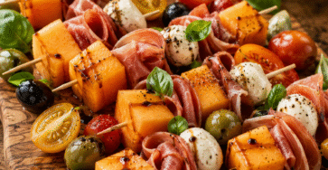 Brochettes melon, jambon cru et mozzarella servies sur une planche en bois avec basilic frais.