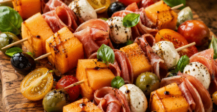 Brochettes melon, jambon cru et mozzarella servies sur une planche en bois avec basilic frais.