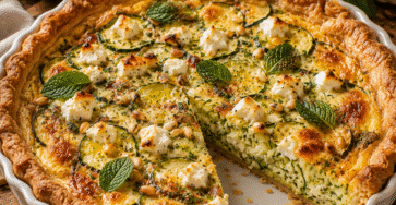 Quiche aux courgettes, feta et menthe dorée au four avec une pâte croustillante.