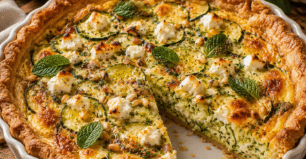 Quiche aux courgettes, feta et menthe dorée au four avec une pâte croustillante.