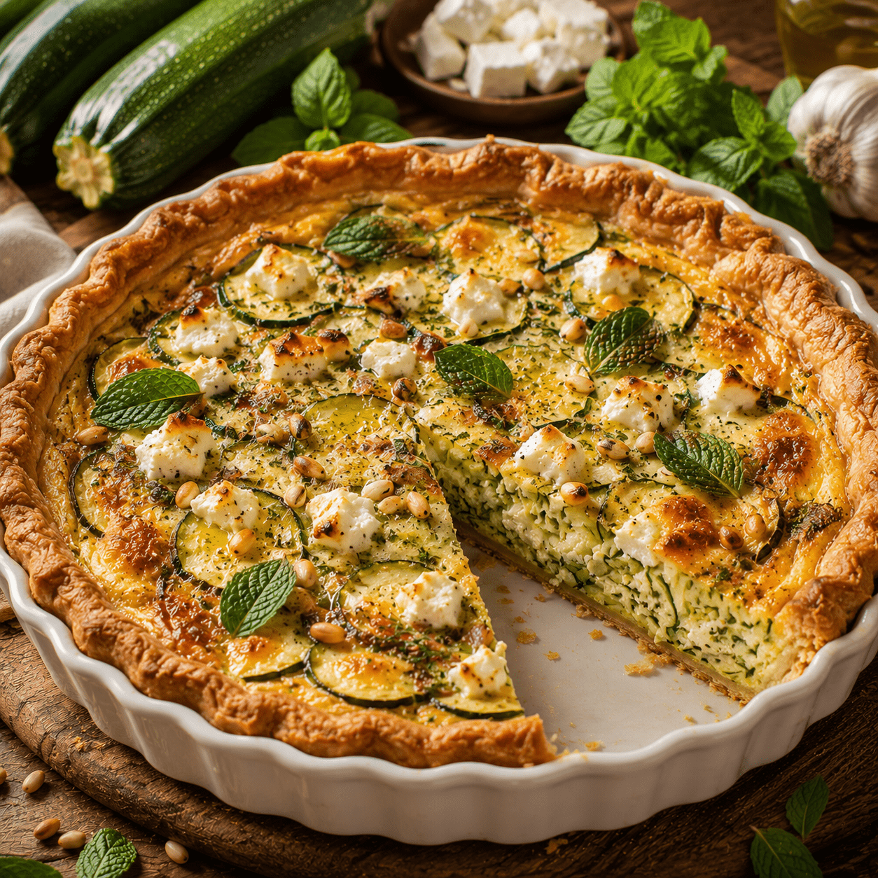 Quiche aux courgettes, feta et menthe dorée au four avec une pâte croustillante.