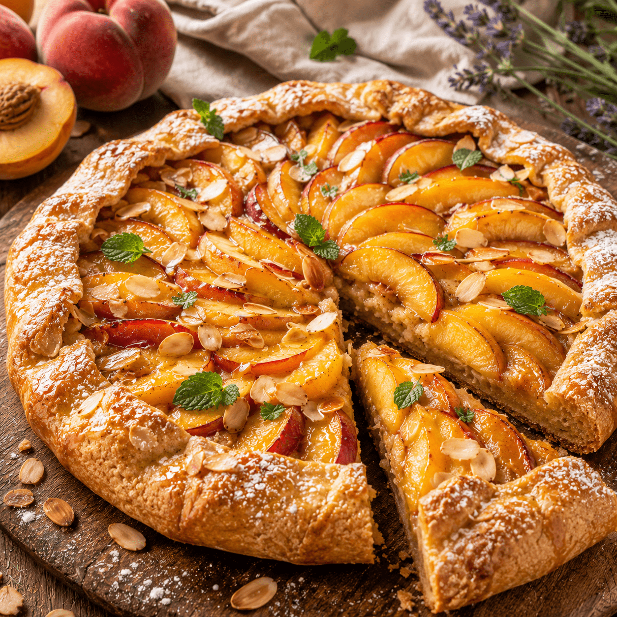 Tarte rustique aux pêches et amandes dorée au four avec une pâte croustillante.