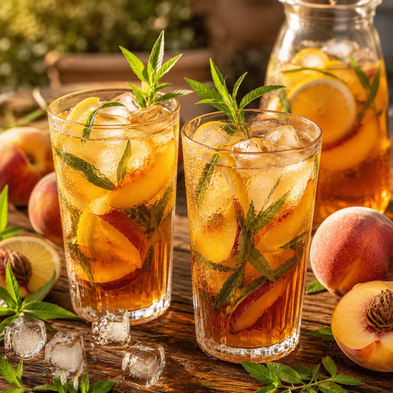Deux verres de thé glacé maison à la pêche avec glaçons, verveine fraîche et rondelles de citron.