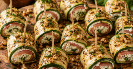 Roulés de courgettes grillées garnis de fromage frais, jambon cru et herbes sur une planche en bois.