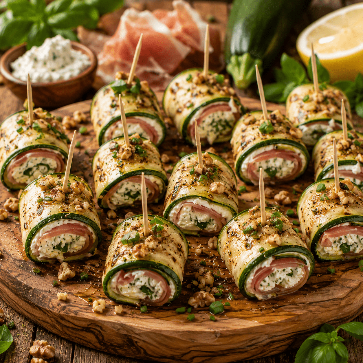 Roulés de courgettes grillées garnis de fromage frais, jambon cru et herbes sur une planche en bois.