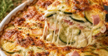 Gratin courgettes au jambon doré avec une part fondante et du fromage filant