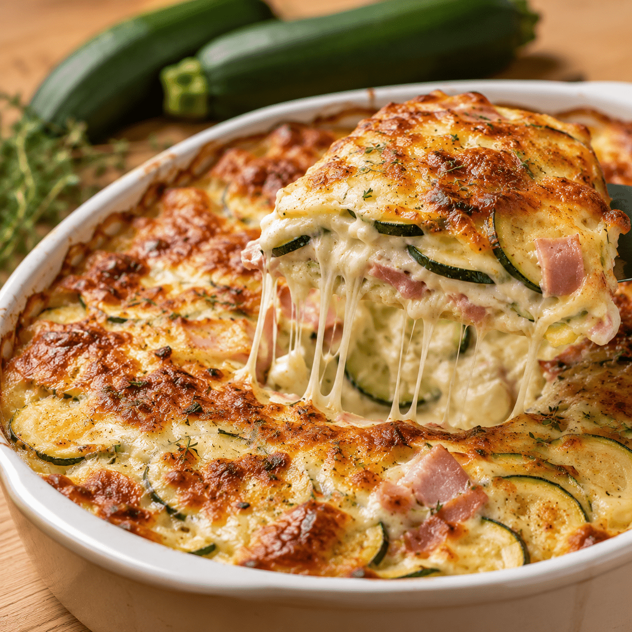 Gratin courgettes au jambon doré avec une part fondante et du fromage filant