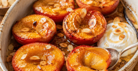 Pêches rôties au miel fondantes avec jus caramélisé et amandes grillées