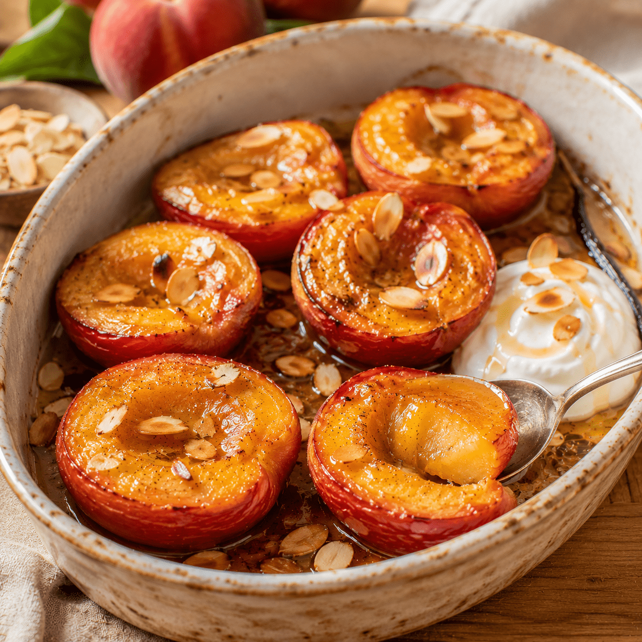 Pêches rôties au miel fondantes avec jus caramélisé et amandes grillées