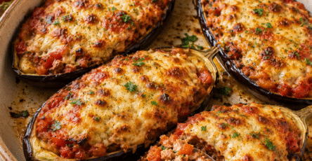 Aubergines farcies au thon et tomates avec fromage gratiné au four