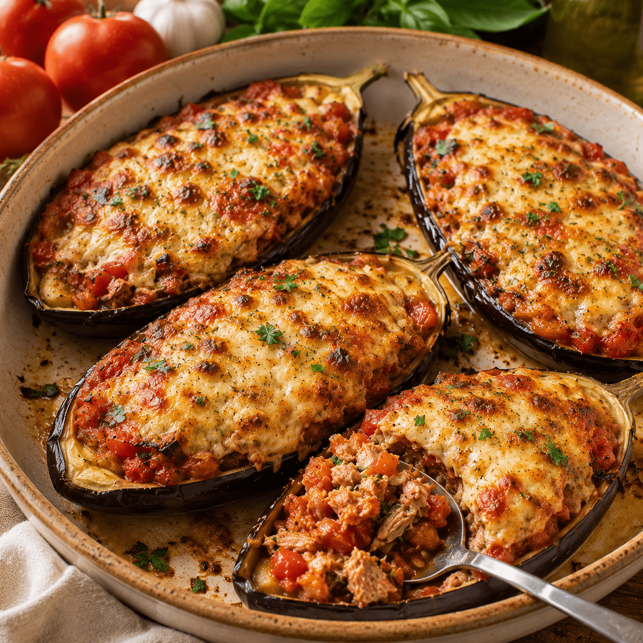Aubergines farcies au thon et tomates avec fromage gratiné au four