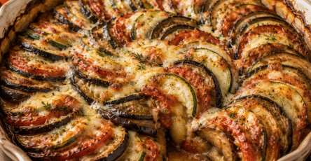 Tian provençal aux légumes d’été et mozzarella fondante dans un plat