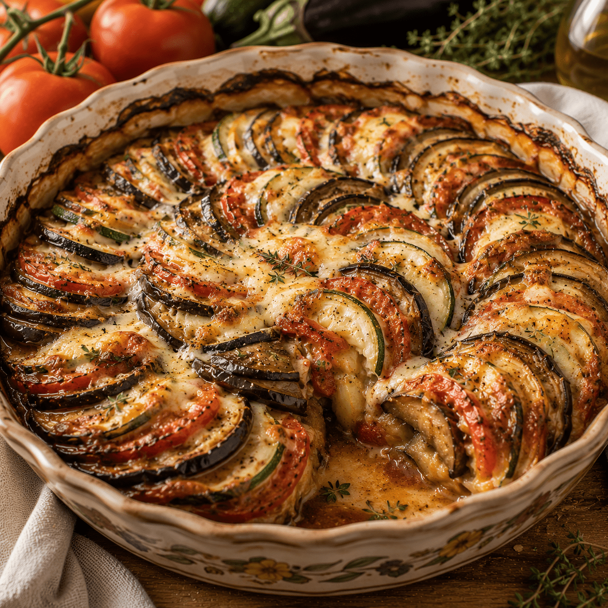 Tian provençal aux légumes d’été et mozzarella fondante dans un plat