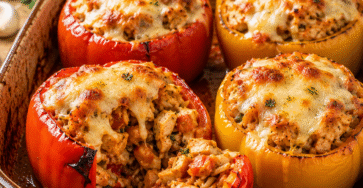 poivrons farcis au poulet et au riz gratinés dans un plat familial