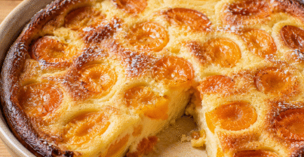 clafoutis aux abricots moelleux avec une part découpée et des fruits fondants