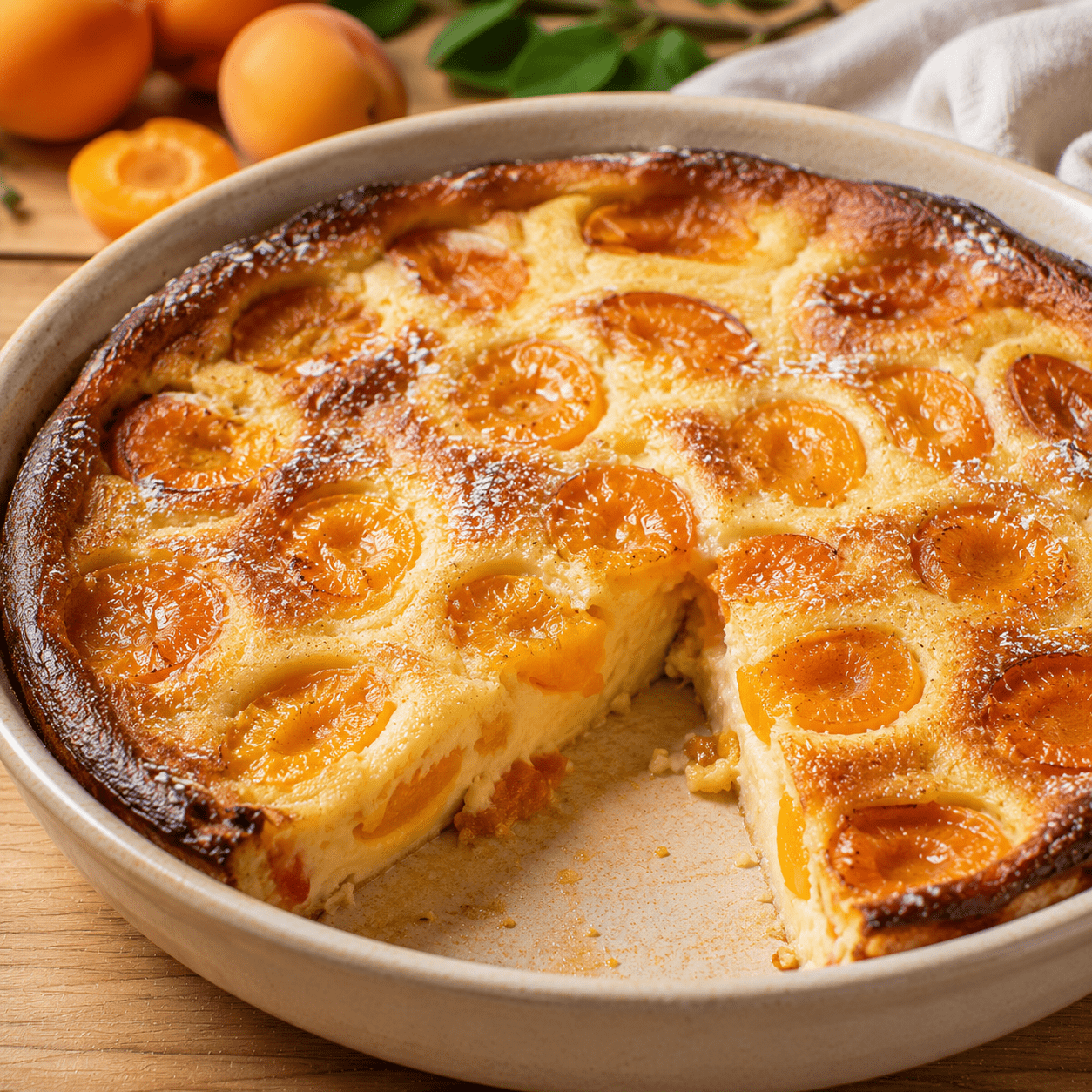clafoutis aux abricots moelleux avec une part découpée et des fruits fondants