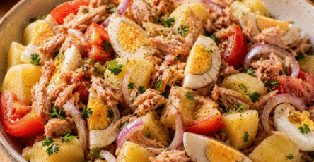 salade thon aux pommes de terre avec œufs, tomates et oignon rouge
