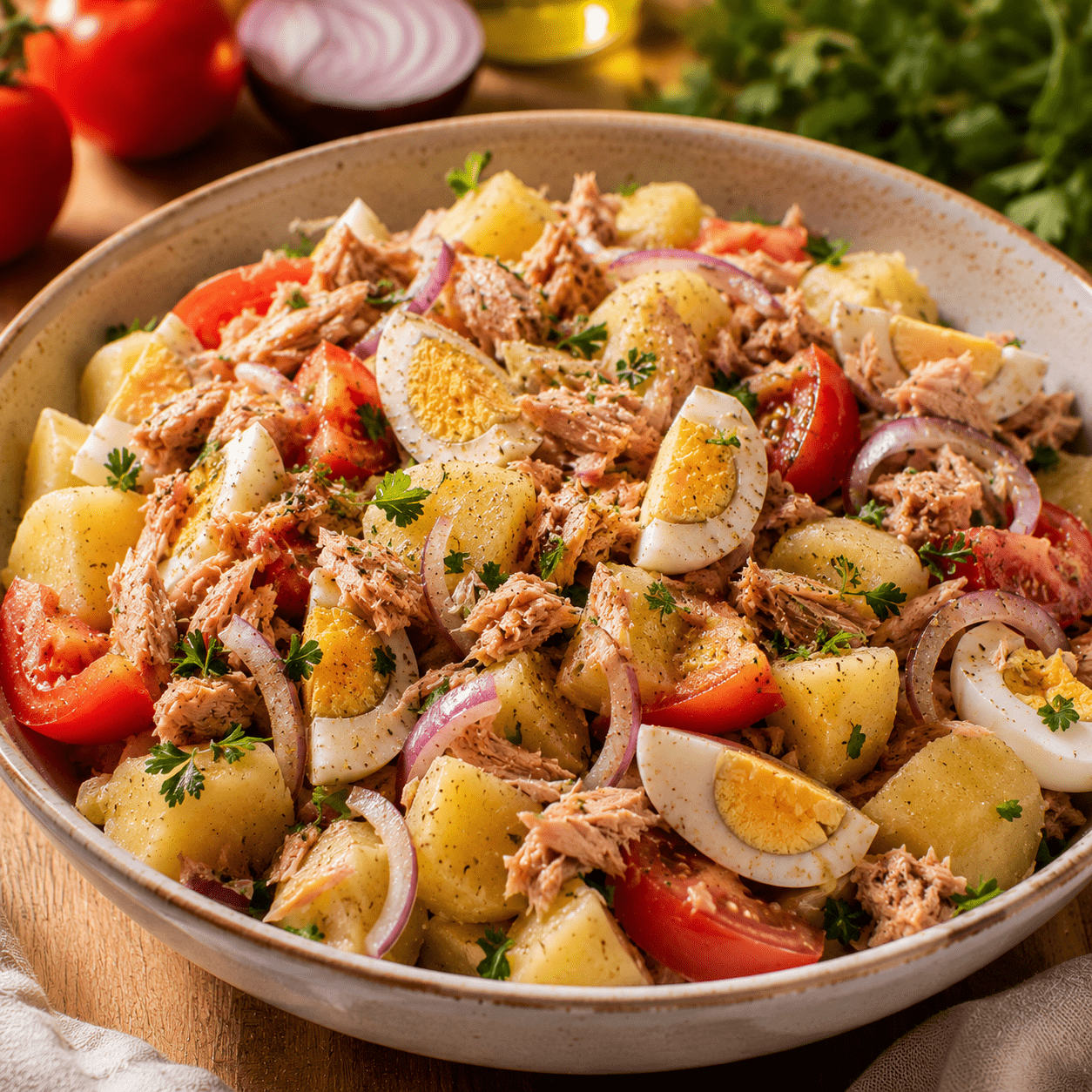 salade thon aux pommes de terre avec œufs, tomates et oignon rouge