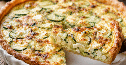 quiche courgettes à la feta avec une part fondante découpée