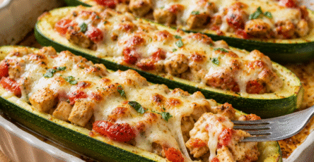 Courgettes farcies au poulet gratinées à la mozzarella