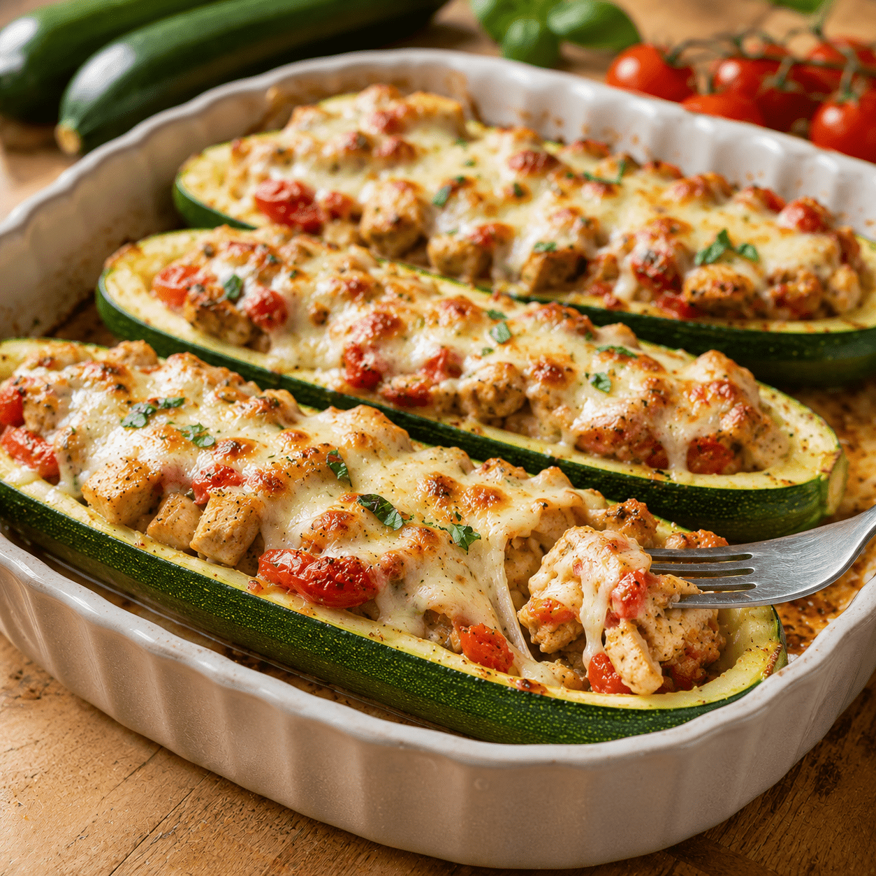 Courgettes farcies au poulet gratinées à la mozzarella