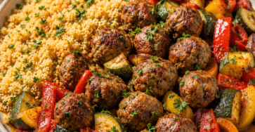 Boulettes semoule servies avec des légumes rôtis colorés