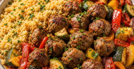 Boulettes semoule servies avec des légumes rôtis colorés
