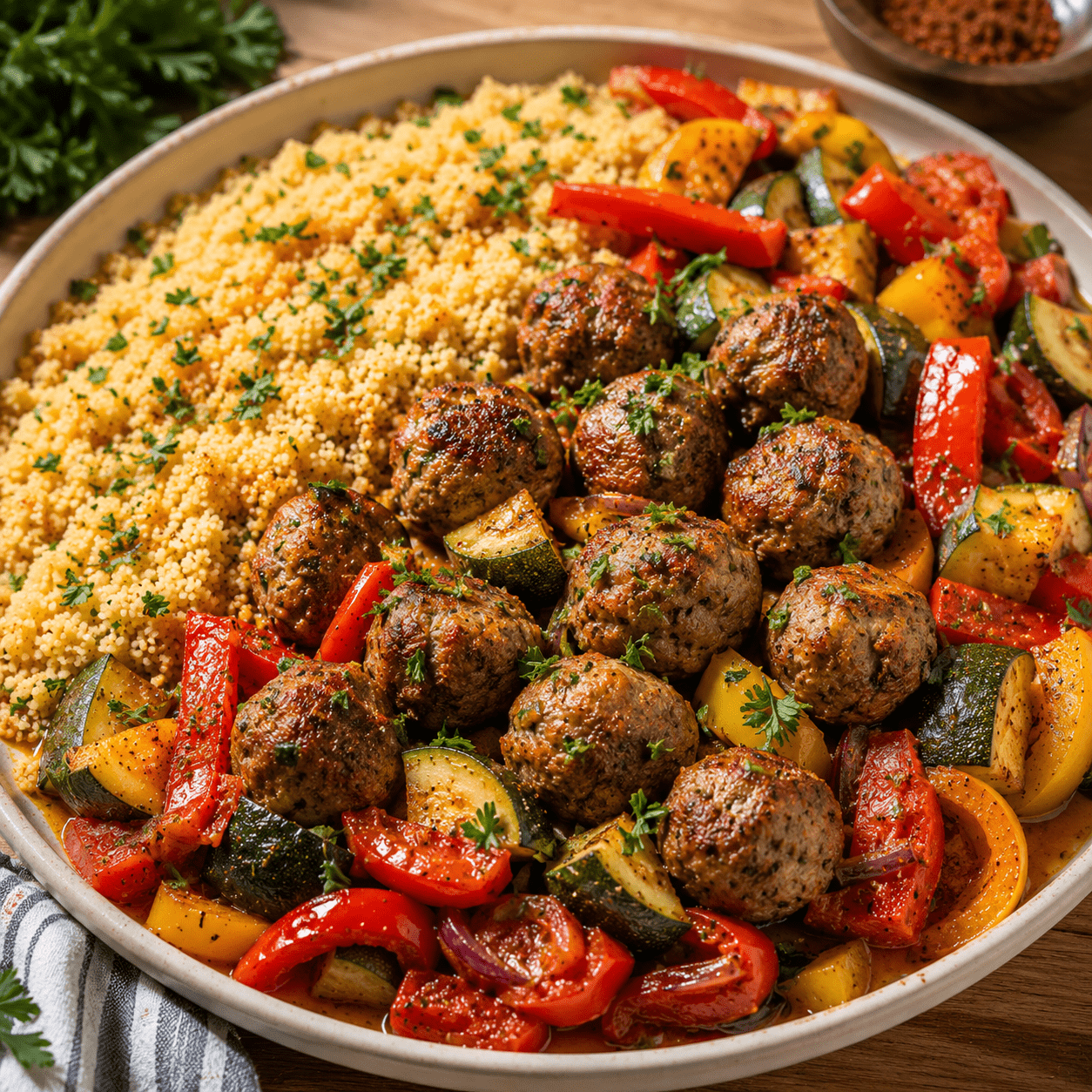 Boulettes semoule servies avec des légumes rôtis colorés
