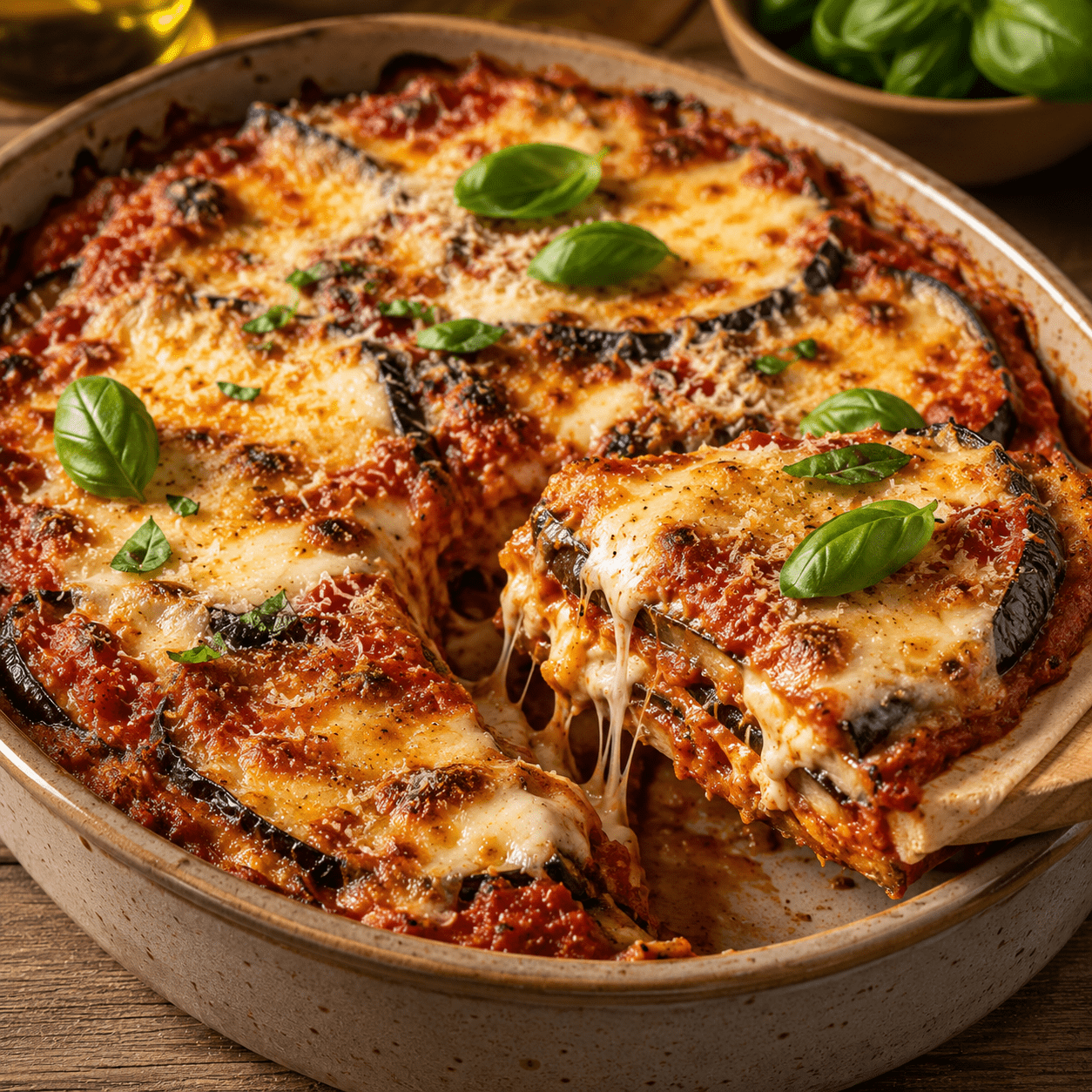 Aubergines gratinées à la sauce tomate et mozzarella fondante
