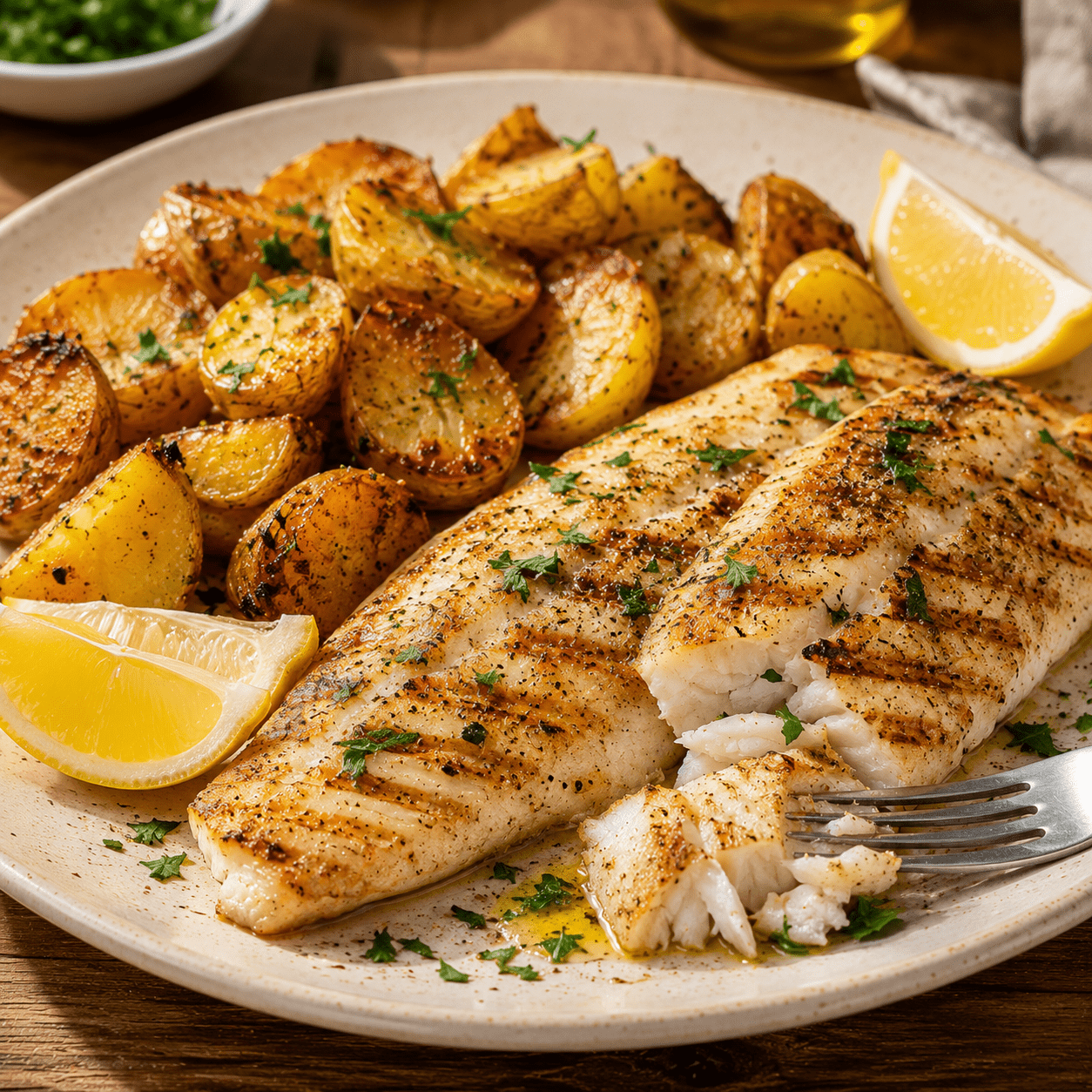 Poisson grillé servi avec des pommes de terre dorées