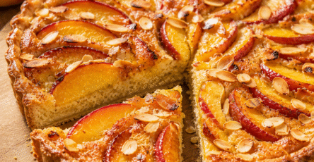 Tarte pêches aux amandes avec une part fondante découpée